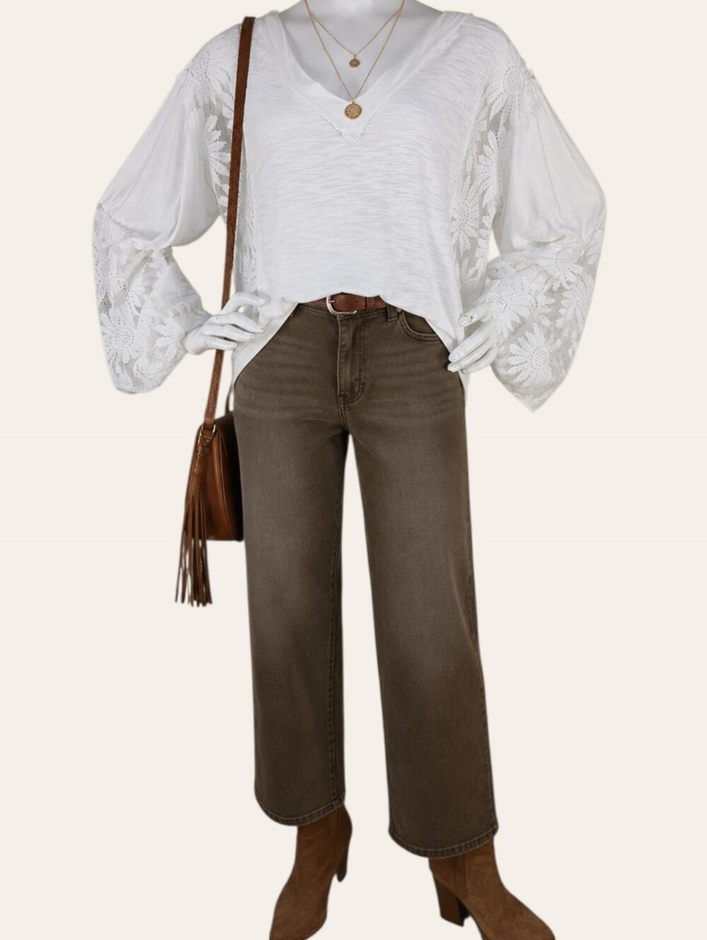 POL Ivory Floral Lace Bell Sleeve Slub Knit Boho Top Small NIP